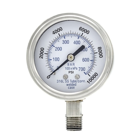 Pro 2 1/2 in Dial, 0/10,000 PSI & Bar, 1/4 in NPT, Lower Mount Dry/Fillable Pressure Gauge PRO-301D-254U-01